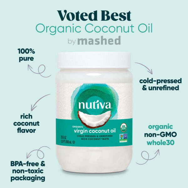 Nutiva Organic Coconut Oil, 29 Fl Oz - USDA Organic Cold Pressed Unrefined Extra Virgin Coconut for Cooking, Skin, Hair, Massage, and Oil Pulling. Contains Natural MCT