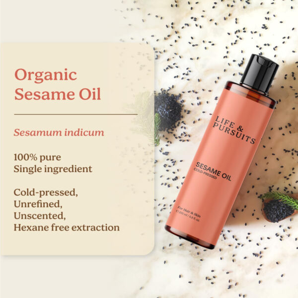 6894587e9e1eaed100a14aecbea5219df4de1484df2d6476137a7.jpg Life & Pursuits 100% Cold-Pressed Unrefined Sesame Oil - Nourishing Oil for Hair and Skin, Promotes Radiance, Moisture, and Healthy Growth for Men & Women (6.76 Fl Oz)