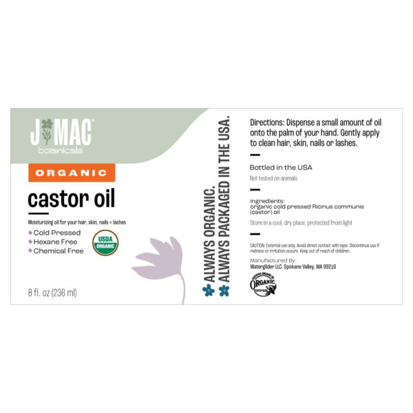 J MAC BOTANICALS, Organic Castor Oil Cold Pressed (Glass Bottle, 8 oz) pure unrefined, hexane free for face, skin, eyelashes, pack wraps, pads