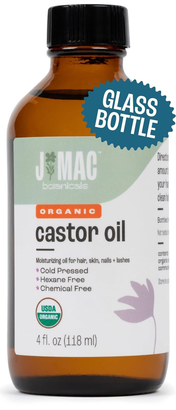 J MAC BOTANICALS, Organic Castor Oil Cold Pressed (Glass Bottle, 8 oz) pure unrefined, hexane free for face, skin, eyelashes, pack wraps, pads