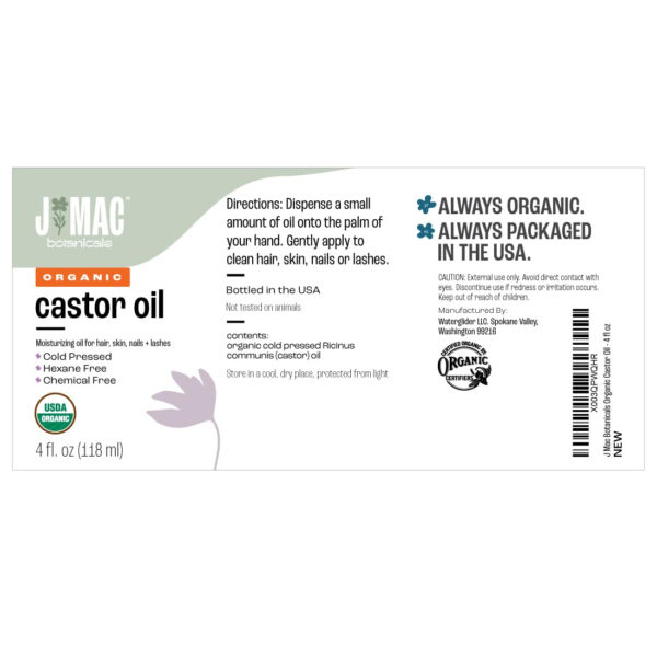 J MAC BOTANICALS, Organic Castor Oil Cold Pressed (Glass Bottle, 8 oz) pure unrefined, hexane free for face, skin, eyelashes, pack wraps, pads