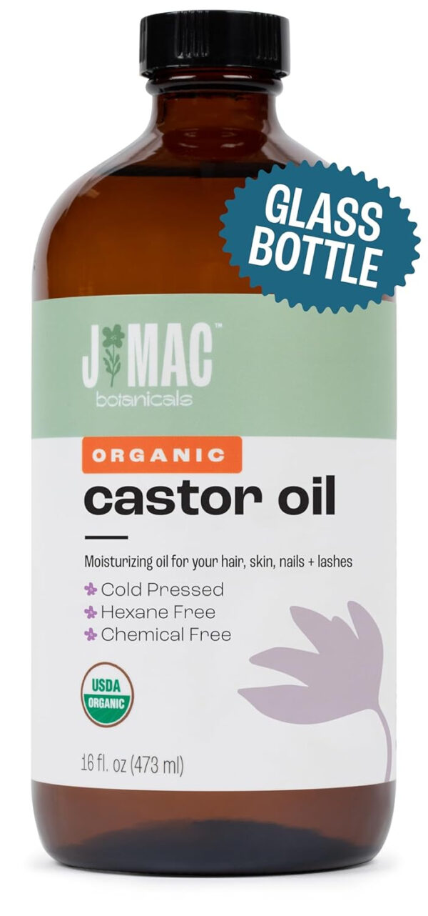 J MAC BOTANICALS, Organic Castor Oil Cold Pressed (Glass Bottle, 8 oz) pure unrefined, hexane free for face, skin, eyelashes, pack wraps, pads