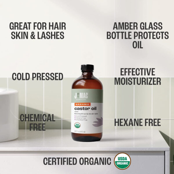 J MAC BOTANICALS, Organic Castor Oil Cold Pressed (Glass Bottle, 8 oz) pure unrefined, hexane free for face, skin, eyelashes, pack wraps, pads