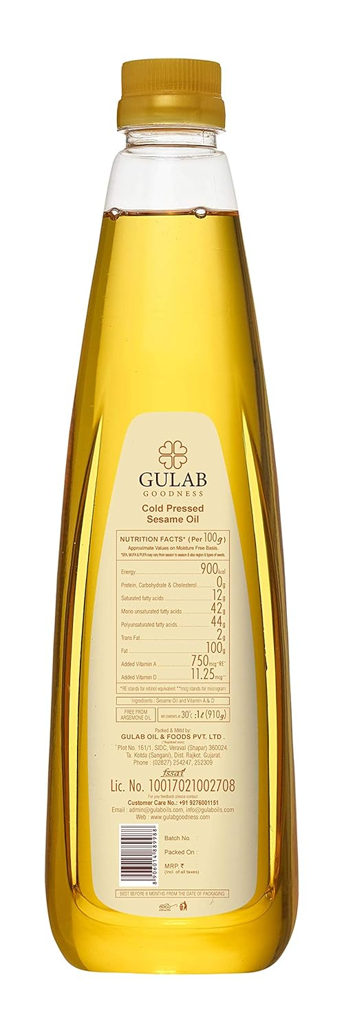 Gulab Cold Pressed Sesame Oil - 33.81 FL OZ (1L) | Gingelly Oil | Cooking Oil | 100% Pure and Natural | Wood Pressed