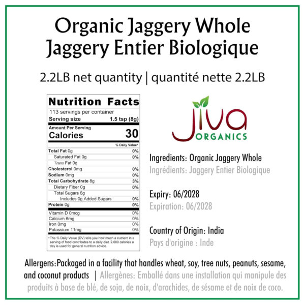 Jiva Organics Organic Jaggery Whole (Gur, Panela) 1 LB (454g) Cubes - Raw Wholesome Sugar/Organic Sugarcane - *NEW*