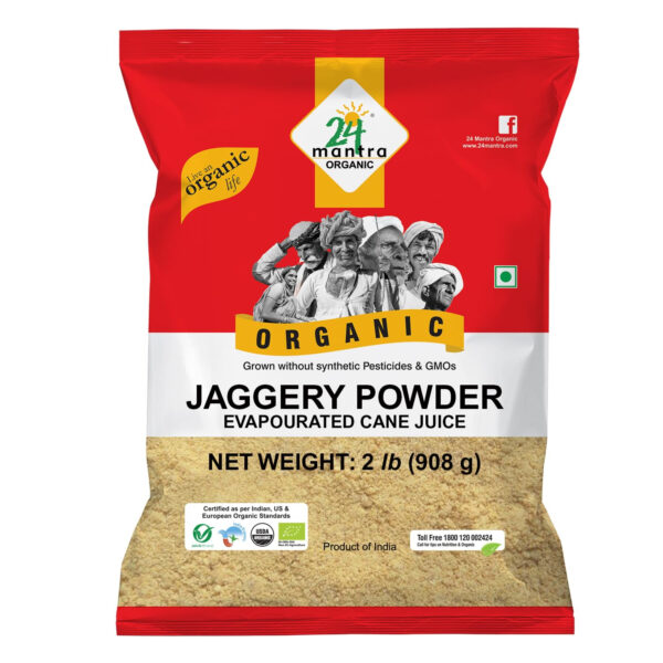 24 Mantra Organic Unbleached Jaggery Powder 2 Pound, Healthy Sugar Substitute, Unrefined & Unadulterated | Grown Without Pesticides & Fertilizers