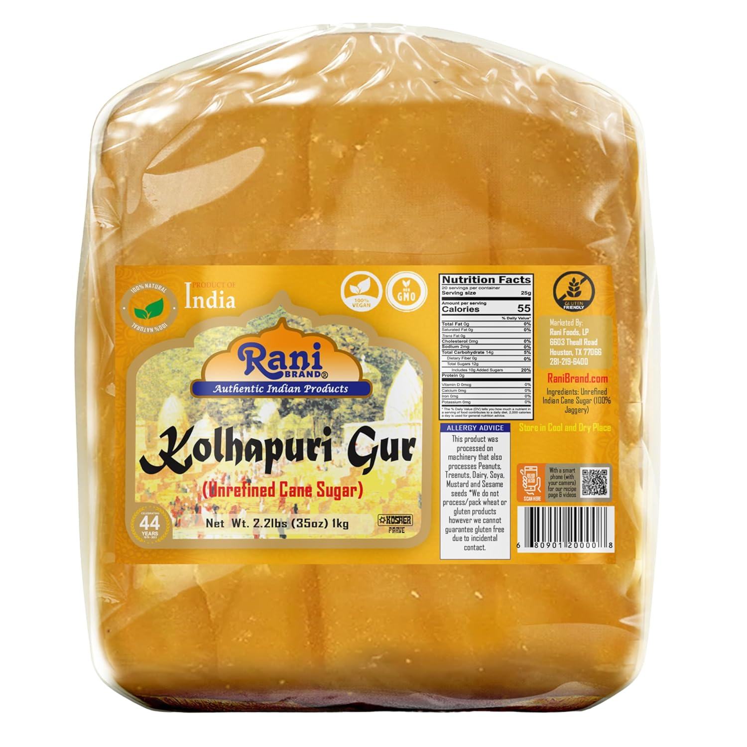Rani Kolhapuri Gur (Jaggery) 35oz (2.2bs) 1kg ~ Unrefined Cane Sugar, No Color added, Gluten Friendly | Vegan | NON-GMO | Kosher | No Salt or fillers