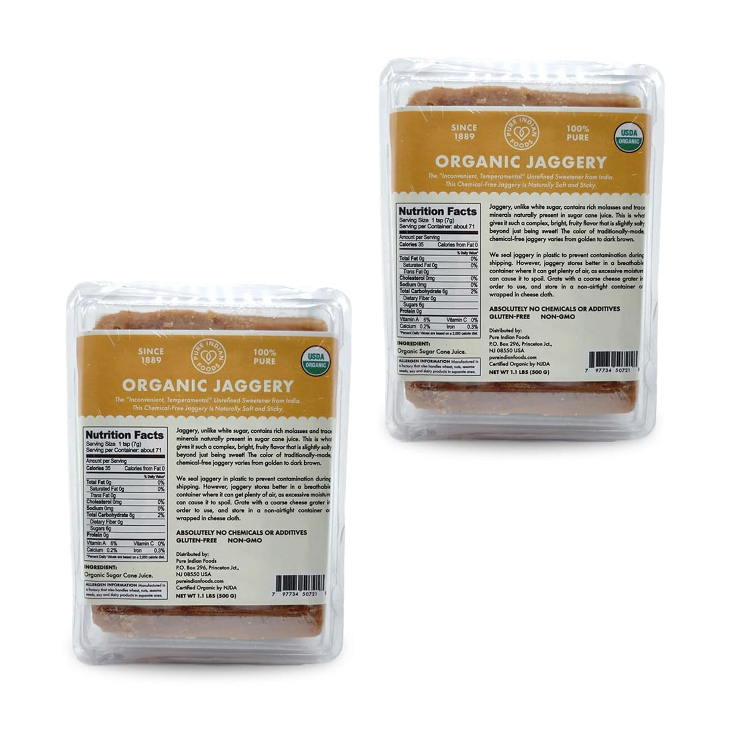 Pure Indian Foods Organic Jaggery Sugar - Known as Gur, Gud, or Panela - Raw Gluten-Free Wholesome Brown Sugar from Sugar Cane - 2-Pack of 1.1 lb (1kg total)