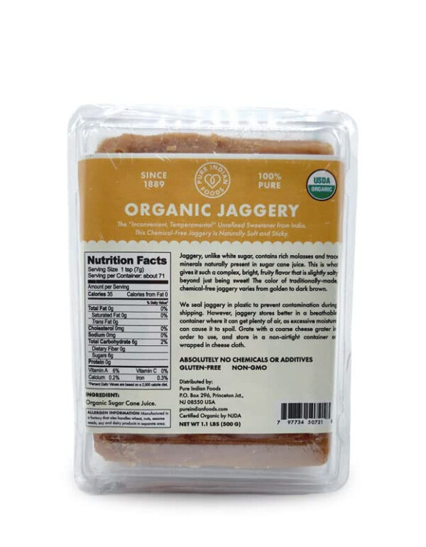 Pure Indian Foods Organic Jaggery Sugar - Known as Gur, Gud, or Panela - Raw Gluten-Free Wholesome Brown Sugar from Sugar Cane - 2-Pack of 1.1 lb (1kg total)