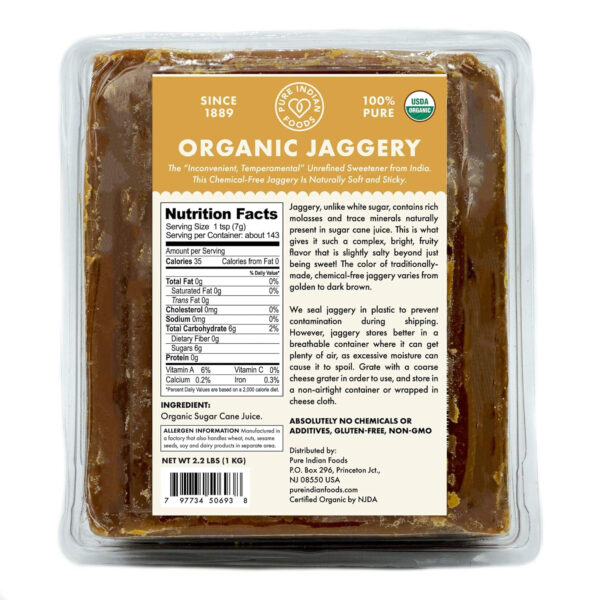 Pure Indian Foods Organic Jaggery Sugar - Known as Gur, Gud, or Panela - Raw Gluten-Free Wholesome Brown Sugar from Sugar Cane - 2-Pack of 1.1 lb (1kg total)