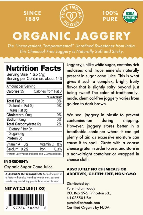 Pure Indian Foods Organic Jaggery Sugar - Known as Gur, Gud, or Panela - Raw Gluten-Free Wholesome Brown Sugar from Sugar Cane - 2-Pack of 1.1 lb (1kg total)