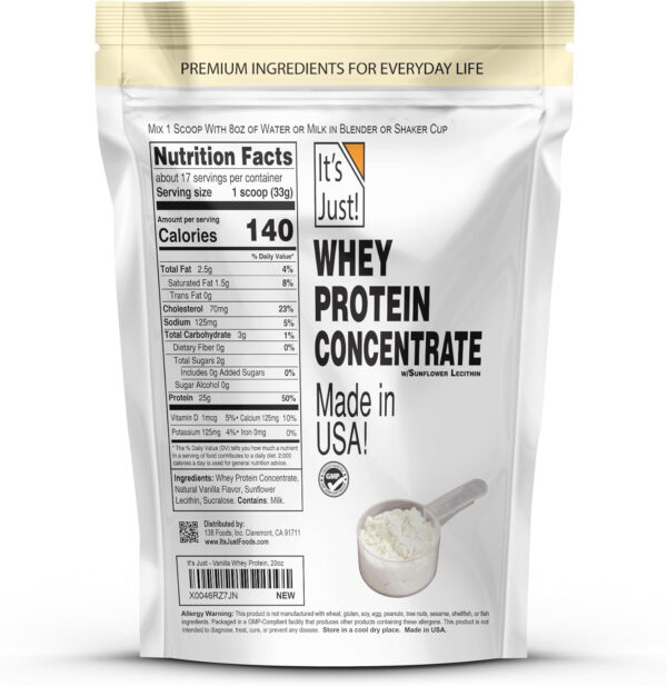 It's Just! - 100% Whey Protein Concentrate, Made in USA, RBST/rBGH Hormone Free, Premium WPC-80, No Added Flavors or Artificial Sweeteners (1.25 Pound, Unflavored)