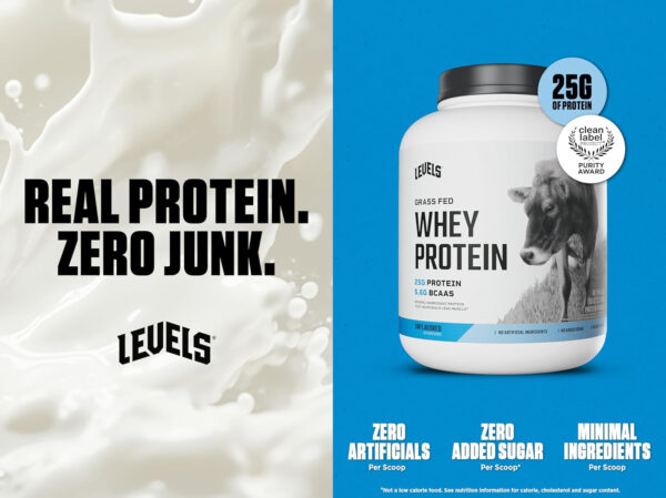Levels Grass Fed Whey Protein Powder, No Artificials, 25G of Protein, Unflavored, 5LB