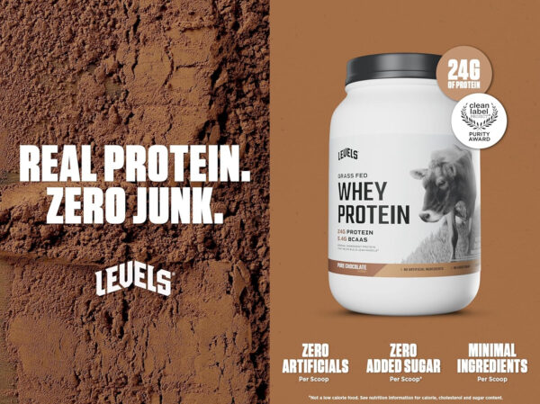 Levels Grass Fed Whey Protein Powder, No Artificials, 25G of Protein, Unflavored, 5LB