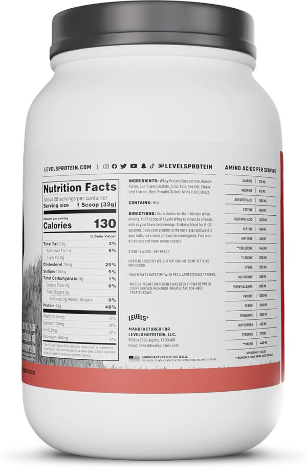 Levels Grass Fed Whey Protein Powder, No Artificials, 25G of Protein, Unflavored, 5LB