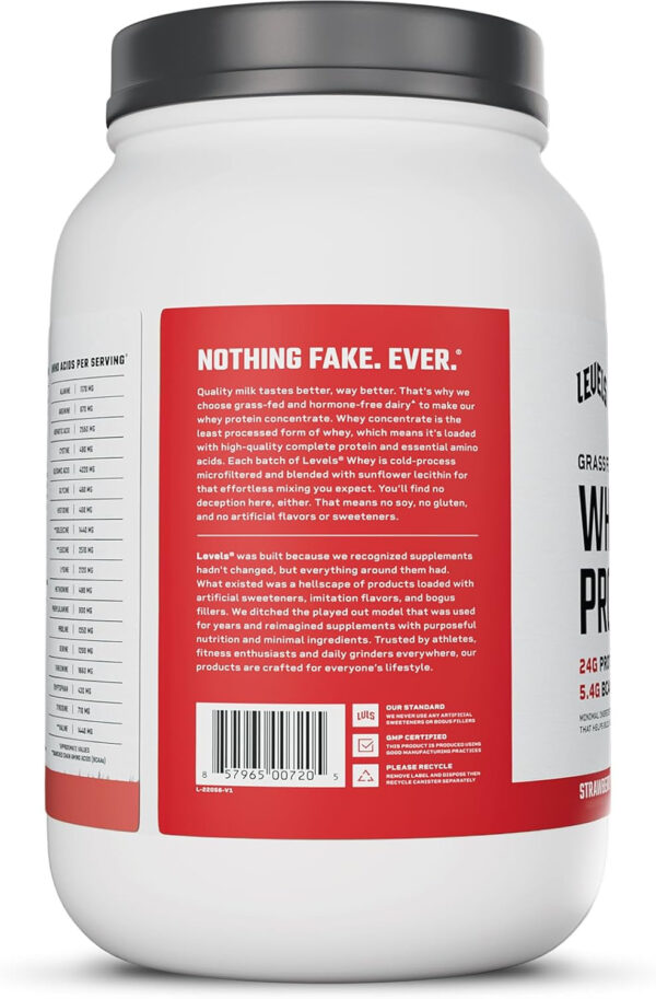 Levels Grass Fed Whey Protein Powder, No Artificials, 25G of Protein, Unflavored, 5LB