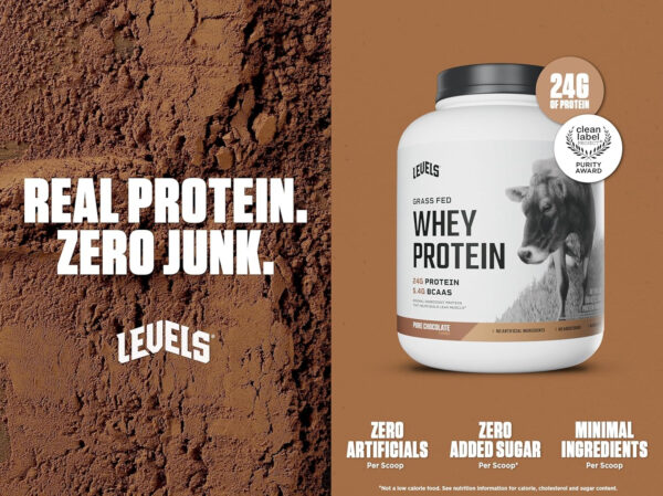Levels Grass Fed Whey Protein Powder, No Artificials, 25G of Protein, Unflavored, 5LB