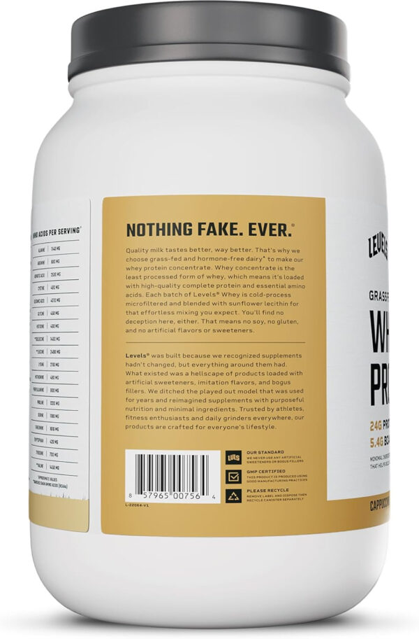 Levels Grass Fed Whey Protein Powder, No Artificials, 25G of Protein, Unflavored, 5LB
