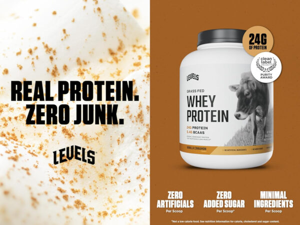 Levels Grass Fed Whey Protein Powder, No Artificials, 25G of Protein, Unflavored, 5LB