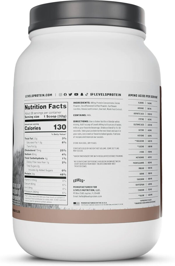 Levels Grass Fed Whey Protein Powder, No Artificials, 25G of Protein, Unflavored, 5LB