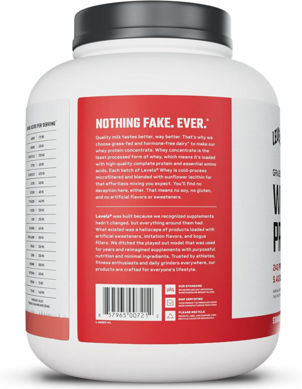 Levels Grass Fed Whey Protein Powder, No Artificials, 25G of Protein, Unflavored, 5LB