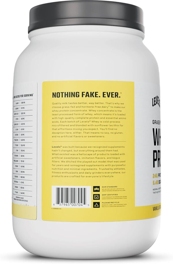 Levels Grass Fed Whey Protein Powder, No Artificials, 25G of Protein, Unflavored, 5LB