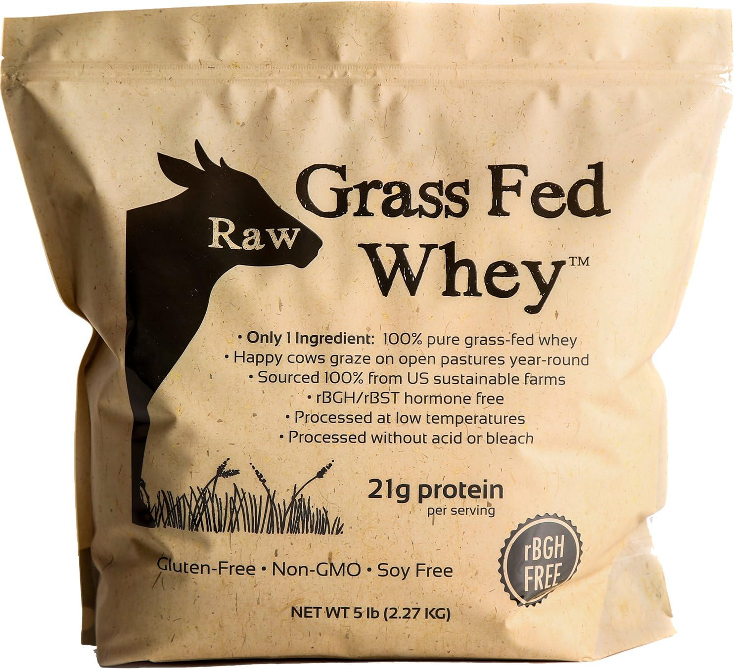 Raw Grass Fed Whey Protein Powder – Unflavored, Only 1 Ingredient: 100% Pure Grass-Fed Whey from Happy, Healthy Cows – Undenatured, Non-GMO, Hormone-Free, Gluten-Free, Made in USA, 5LB
