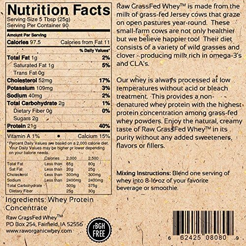 Raw Grass Fed Whey Protein Powder – Unflavored, Only 1 Ingredient: 100% Pure Grass-Fed Whey from Happy, Healthy Cows – Undenatured, Non-GMO, Hormone-Free, Gluten-Free, Made in USA, 5LB