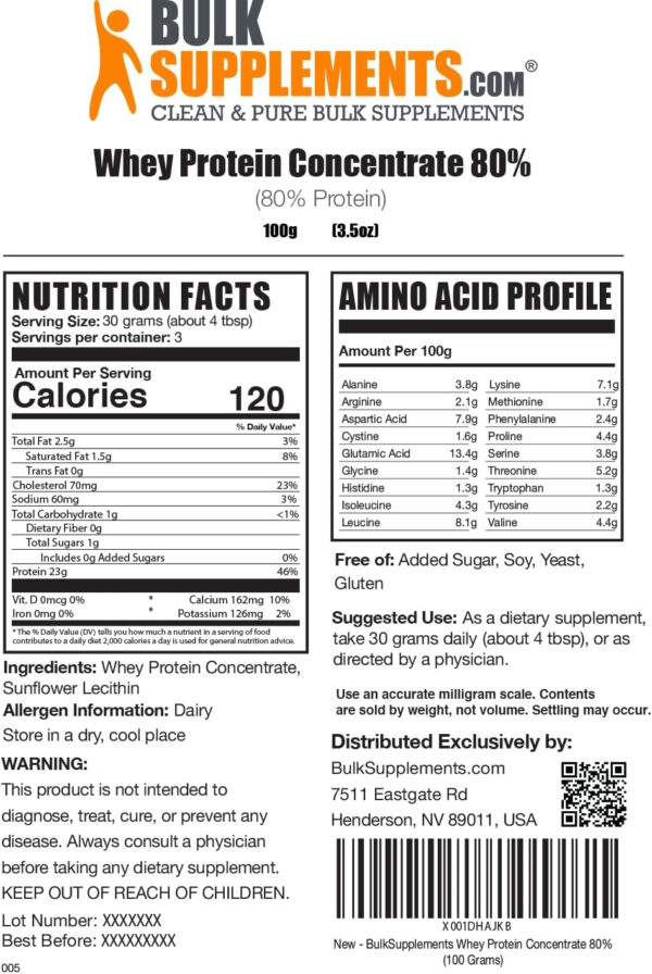 BulkSupplements.com Whey Protein Concentrate Powder - Whey Protein Powder Supplement, Unsweetened, Unflavored & Gluten Free, 30g per Serving, 1kg (2.2 lbs) (Pack of 1)