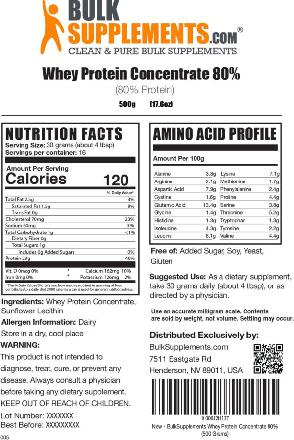 BulkSupplements.com Whey Protein Concentrate Powder - Whey Protein Powder Supplement, Unsweetened, Unflavored & Gluten Free, 30g per Serving, 1kg (2.2 lbs) (Pack of 1)