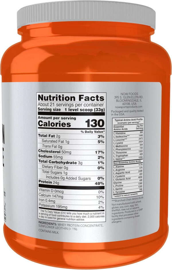 NOW Foods Sports Nutrition, Whey Protein Concentrate, 24 G With BCAAs, Unflavored Powder, 5-Pound