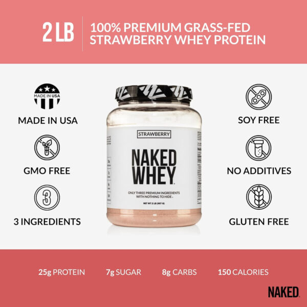 NAKED Whey 2LB 100% Grass Fed Whey Protein Powder - Only 1 Ingredient, Unflavored Whey Protein, Undenatured, Gluten Free, Soy Free, No GMOs, No Preservatives