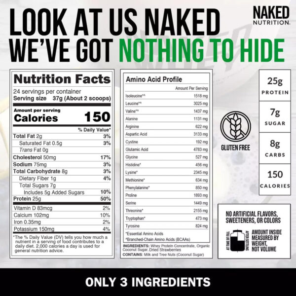 NAKED Whey 2LB 100% Grass Fed Whey Protein Powder - Only 1 Ingredient, Unflavored Whey Protein, Undenatured, Gluten Free, Soy Free, No GMOs, No Preservatives
