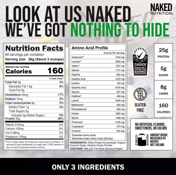 NAKED Whey 2LB 100% Grass Fed Whey Protein Powder - Only 1 Ingredient, Unflavored Whey Protein, Undenatured, Gluten Free, Soy Free, No GMOs, No Preservatives