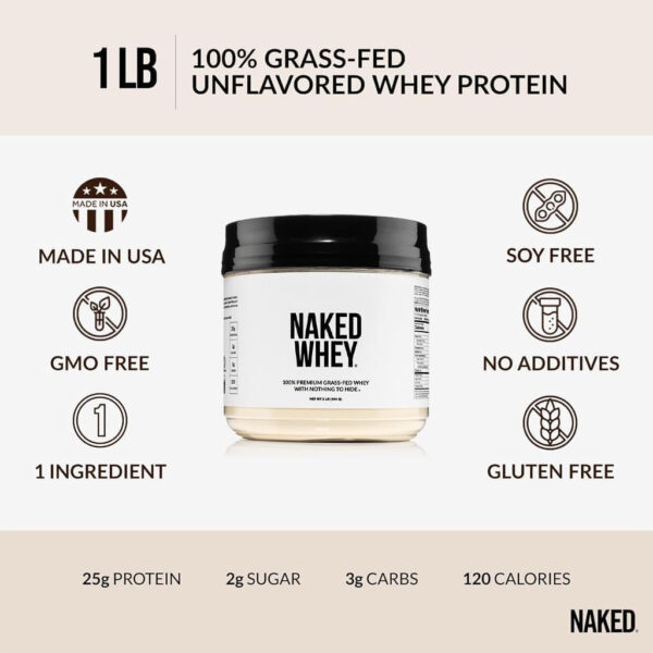 NAKED Whey 2LB 100% Grass Fed Whey Protein Powder - Only 1 Ingredient, Unflavored Whey Protein, Undenatured, Gluten Free, Soy Free, No GMOs, No Preservatives