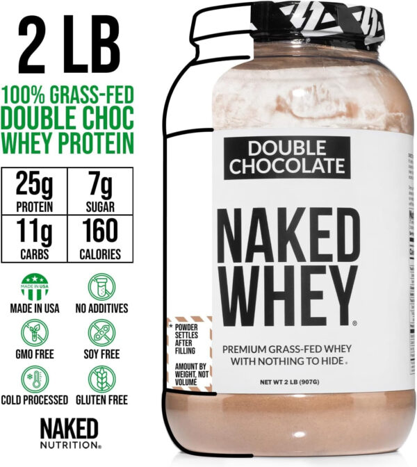 NAKED Whey 2LB 100% Grass Fed Whey Protein Powder - Only 1 Ingredient, Unflavored Whey Protein, Undenatured, Gluten Free, Soy Free, No GMOs, No Preservatives
