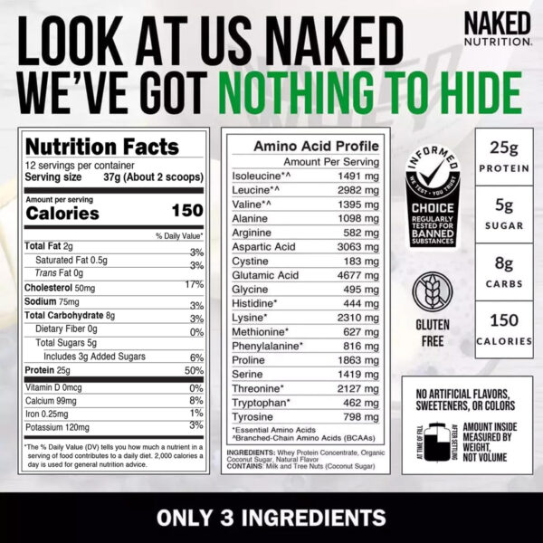 NAKED Whey 2LB 100% Grass Fed Whey Protein Powder - Only 1 Ingredient, Unflavored Whey Protein, Undenatured, Gluten Free, Soy Free, No GMOs, No Preservatives
