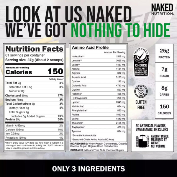 NAKED Whey 2LB 100% Grass Fed Whey Protein Powder - Only 1 Ingredient, Unflavored Whey Protein, Undenatured, Gluten Free, Soy Free, No GMOs, No Preservatives
