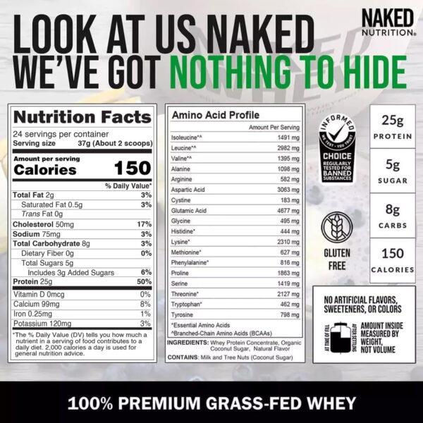 NAKED Whey 2LB 100% Grass Fed Whey Protein Powder - Only 1 Ingredient, Unflavored Whey Protein, Undenatured, Gluten Free, Soy Free, No GMOs, No Preservatives
