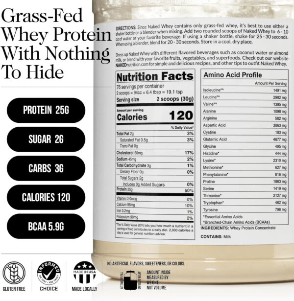 NAKED Whey 2LB 100% Grass Fed Whey Protein Powder - Only 1 Ingredient, Unflavored Whey Protein, Undenatured, Gluten Free, Soy Free, No GMOs, No Preservatives