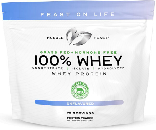 Muscle Feast 100% Grass Fed Whey Protein Powder, All Natural, Hormone Free Paure Raised Whey Protein Powder for Women & Men - Whey Concentrate, Isolate & Hydrolyzed Protein Powder Blend - Vanilla, 5lb
