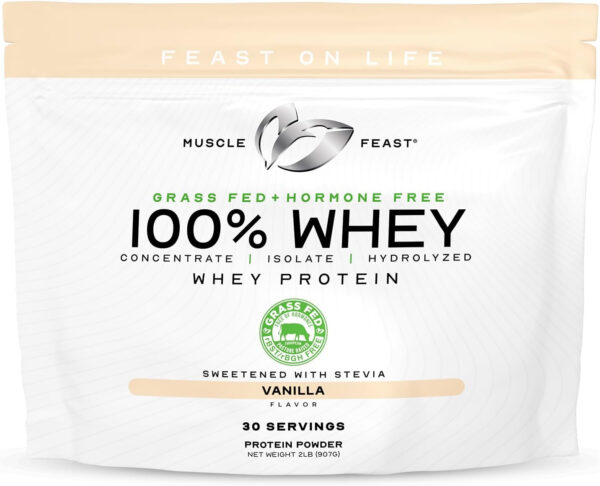 Muscle Feast 100% Grass Fed Whey Protein Powder, All Natural, Hormone Free Paure Raised Whey Protein Powder for Women & Men - Whey Concentrate, Isolate & Hydrolyzed Protein Powder Blend - Vanilla, 5lb