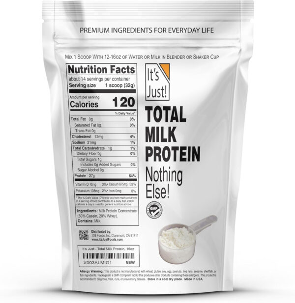 68946ee8a818a1edfe2f6be0cc4f3d5df08709065e1cbe3f81493.jpg It's Just! - Total Milk Protein Concentrate Powder, Naturally 80% Casein / 20% Whey, rBSH/RBST Hormone Free, No Added Sugar, MPC-85 (1 Pound, Unflavored)