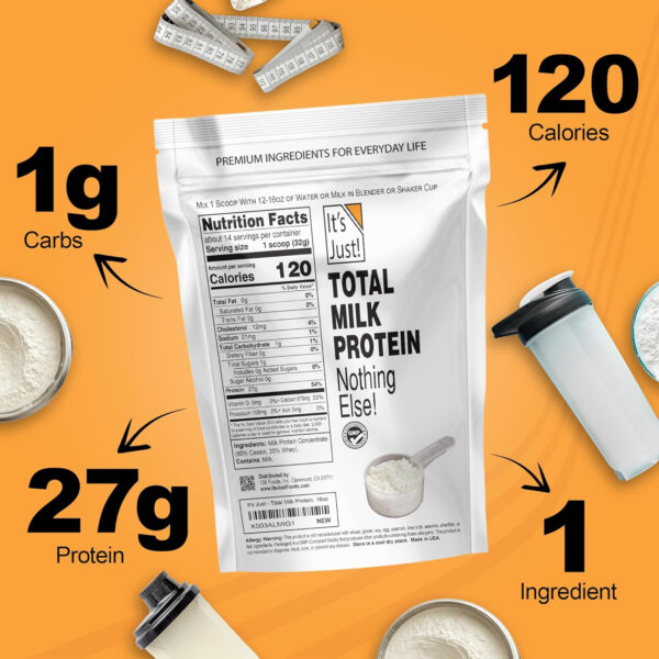 68946eecd5c6e1458904cdac45eec90c284f80e76b61d487963fc.jpg It's Just! - Total Milk Protein Concentrate Powder, Naturally 80% Casein / 20% Whey, rBSH/RBST Hormone Free, No Added Sugar, MPC-85 (1 Pound, Unflavored)