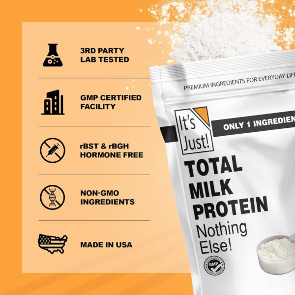 68946eee8b7b9cdd2bcffd889f95127dfc5829cf4ebbe4ee6945e.jpg It's Just! - Total Milk Protein Concentrate Powder, Naturally 80% Casein / 20% Whey, rBSH/RBST Hormone Free, No Added Sugar, MPC-85 (1 Pound, Unflavored)