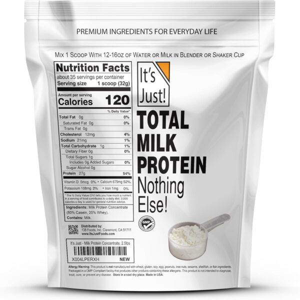 68946ef2be94a68b7beee5f71d71bb569c40665ad8d6e55ce93eb.jpg It's Just! - Total Milk Protein Concentrate Powder, Naturally 80% Casein / 20% Whey, rBSH/RBST Hormone Free, No Added Sugar, MPC-85 (1 Pound, Unflavored)