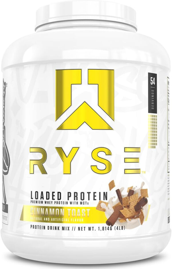 68946f957cdb6030e399fce80b56a02cf1bbbf803479623deefeb.jpg RYSE Loaded Protein Powder - Cinnamon Toast - 25g Whey Protein Isolate & Concentrate with Prebiotic Fiber & MCTs - Low Carb, Low Sugar, Digestive-Friendly - 54 Servings / 4 lb Tub