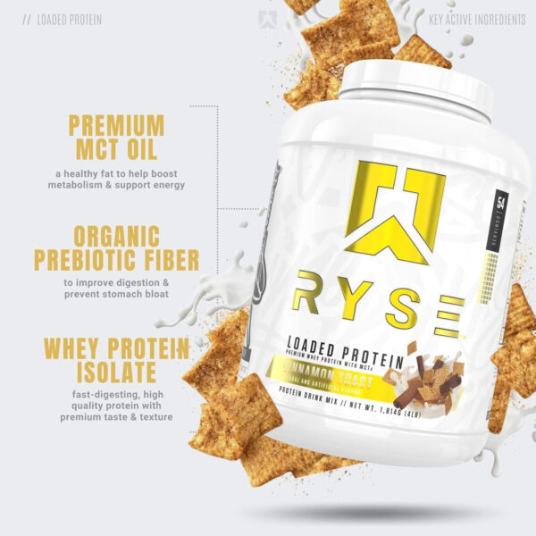 68946f98138e85fee6492e26cacf9a2f2e6fc8e935d2a5cf8755f.jpg RYSE Loaded Protein Powder - Cinnamon Toast - 25g Whey Protein Isolate & Concentrate with Prebiotic Fiber & MCTs - Low Carb, Low Sugar, Digestive-Friendly - 54 Servings / 4 lb Tub