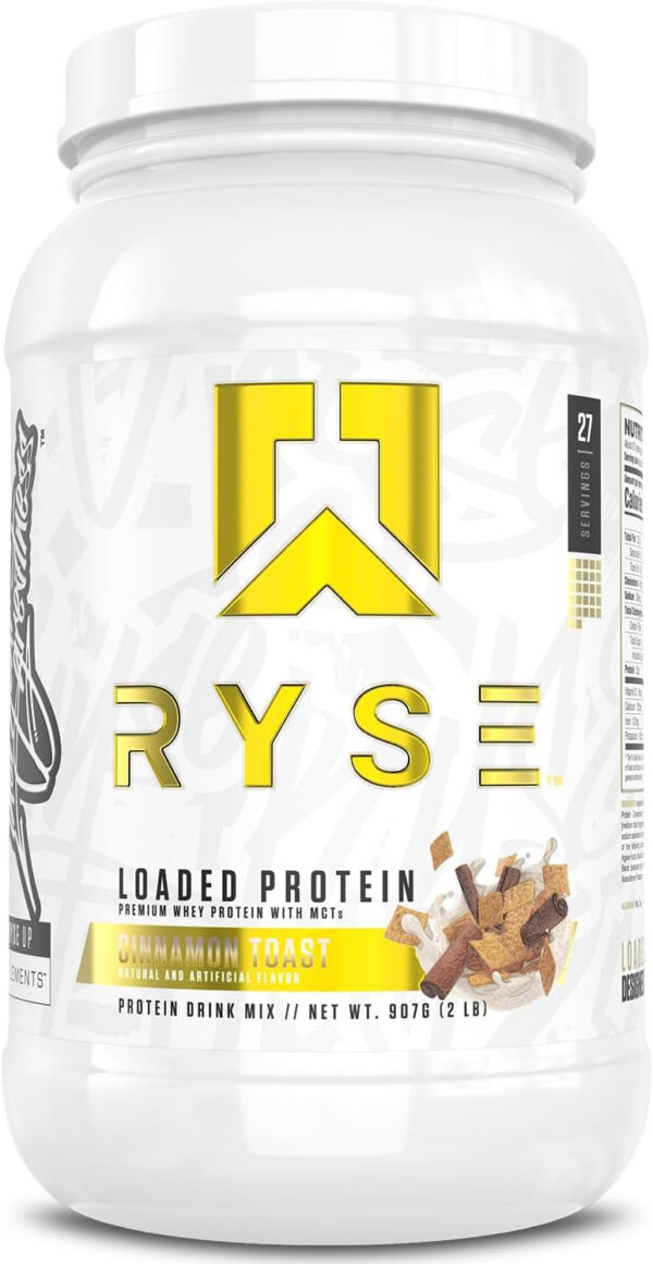 68946ff4377ee831c50c91c6ef1d185ea04a9f525776abb34e24e.jpg RYSE Loaded Protein Powder - Cinnamon Toast - 25g Whey Protein Isolate & Concentrate with Prebiotic Fiber & MCTs - Low Carb, Low Sugar, Digestive-Friendly - 54 Servings / 4 lb Tub