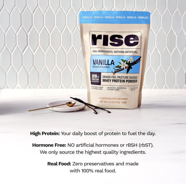 Rise Grass-Fed Whey Protein Powder - Vanilla | 25g Protein No Artificial Flavors, Colors, or Preservatives - Sugar Free, Gluten-Free, Soy Free (2.3 lbs)